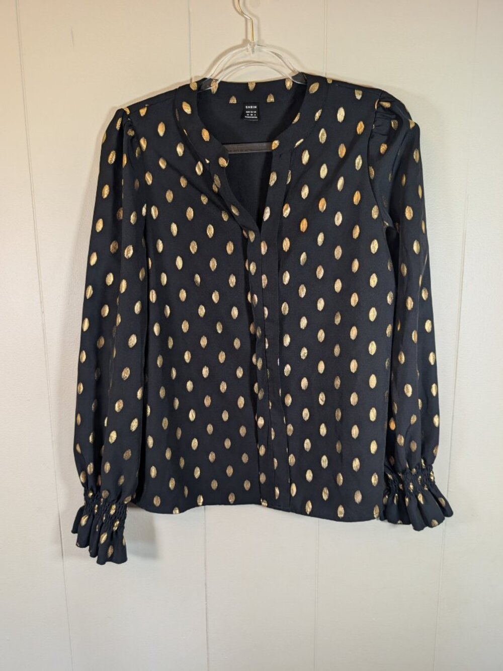 BLACK GOLD Metallic Polka Dot Blouse M Bishop Sleeve Party Holiday